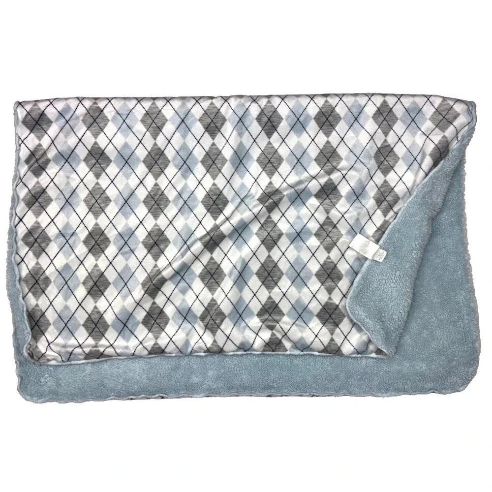 Chick Pea Argyle Gray Blue‎ White Diamond Baby Blanket Sherpa Soft Lovey Boy